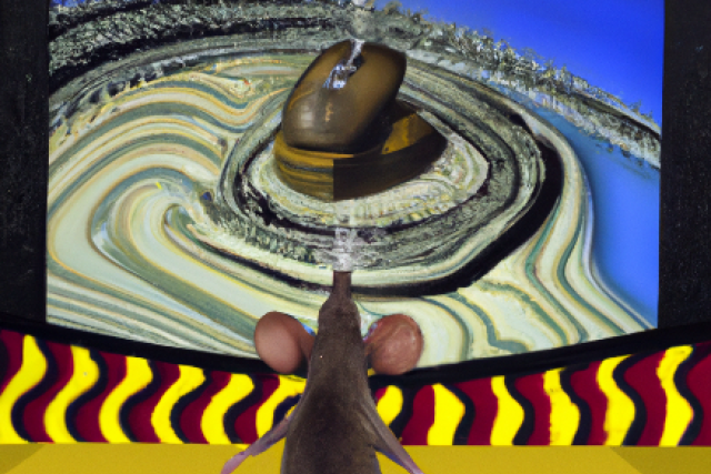 A mouse observing a stylized representation of brain activity, showing neural pathways and bursts of activity emanating from the hippocampus, symbolizing the mouse's response to a movie clip.
