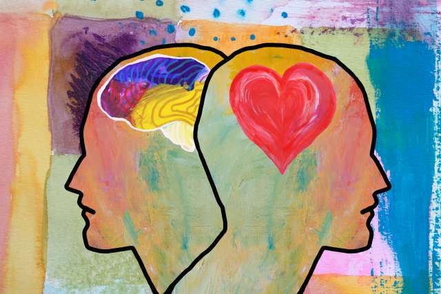 Abstract art showing two human profiles, one with a brain, one with a heart against a colorful textured background.