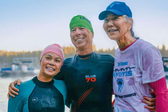 Dr. Deborah Wong (left) with Jimmy and Julie Sanders, founders of Jimmy Swims.