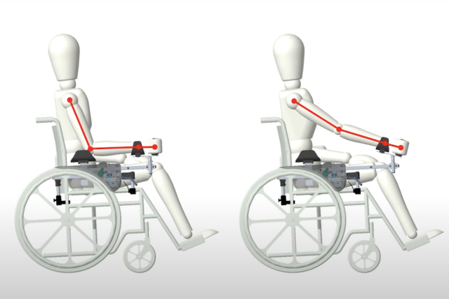 Two mannequin figures in wheelchairs show different arm positions, with red lines highlighting joint angles for wheelchair control.