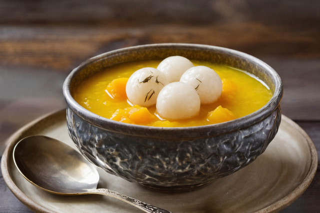 Pumpkin Porridge bowl topped with three white rice dumplings