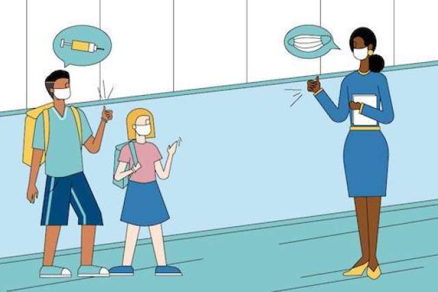 Illustration of two masked students talking to a masked teacher, with icons of a syringe and mask in speech bubbles. 