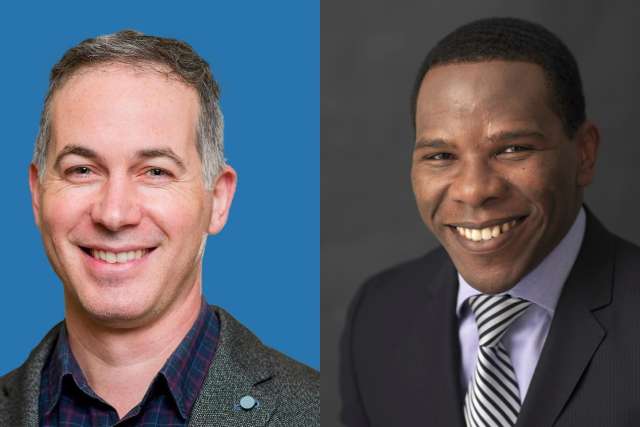 Two professional headshots side-by-side: left smiling against blue, right in suit and tie