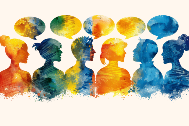Watercolor silhouettes of people with overlapping speech bubbles