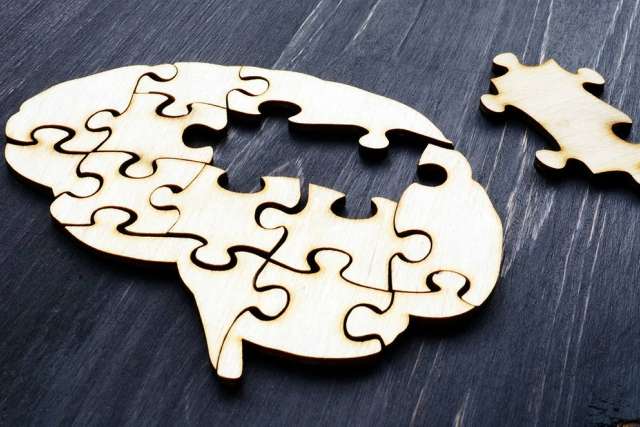Wooden puzzle pieces forming a brain shape with one piece missing, placed on a dark wooden surface.