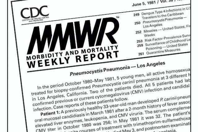 A black-and-white image of a CDC Morbidity and Mortality Weekly Report from June 5, 1981, titled "Pneumocystis Pneumonia—Los Angeles".