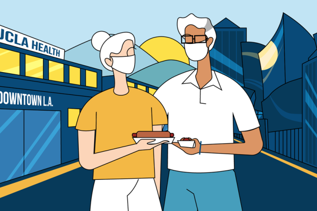 Illustration of two masked people holding food in downtown L.A., with a UCLA Health building in the background.