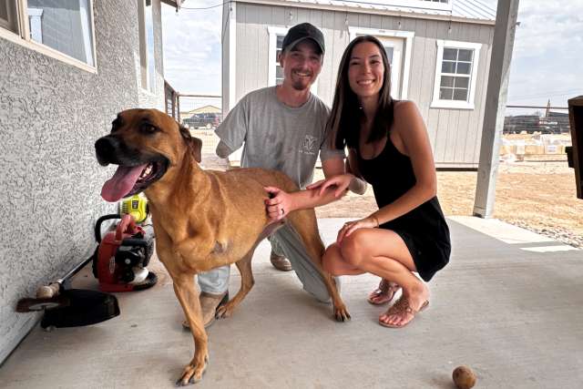 A man with an amputated arm, his wife, and a dog with an amputated leg.