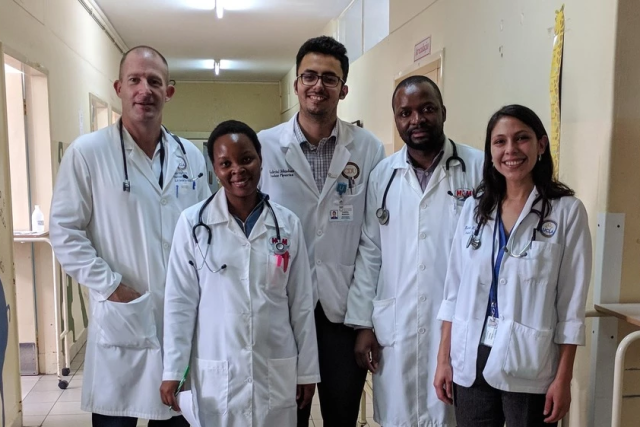 Dr. Chris Buck with UCLA med students Karen Ramos, Gabriel Mendoza, and Mozambican residents Luisa Lambo, Aneslmo Lisboa at Hospital Central de Maputo.