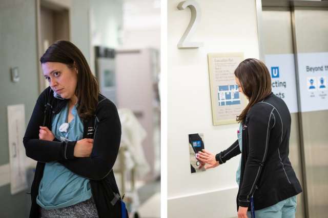 Side-by-side images of Karlene Wray. On the left she is speaking on the phone. On the right she is pressing an elevator call button