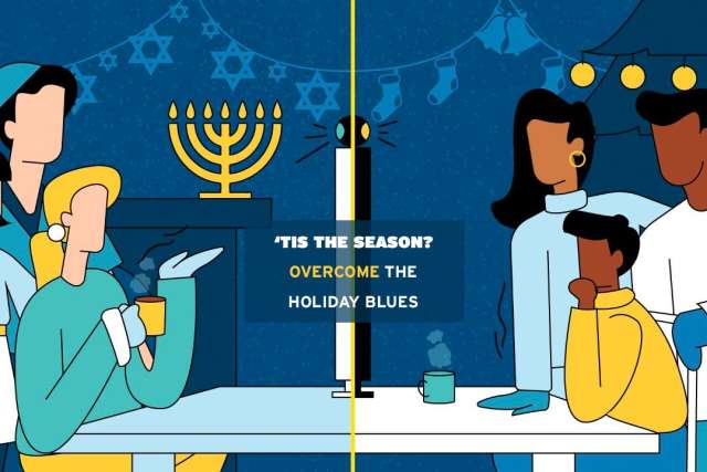 Illustration of diverse people celebrating, surrounded by holiday symbols and decorations.