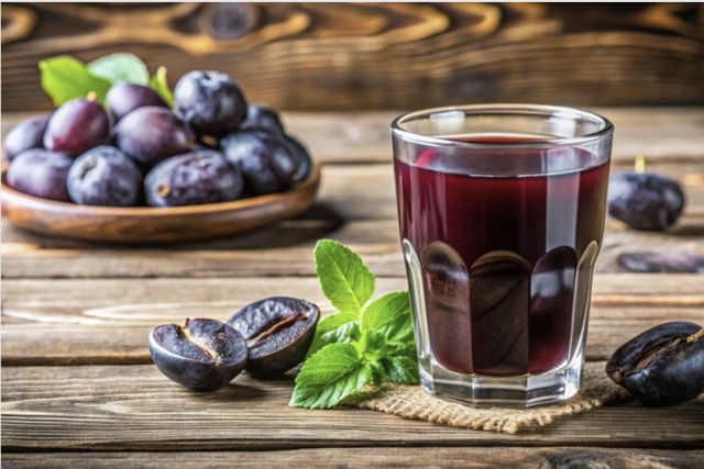 Glass of plum juice with whole and halved plums and mint on wooden table.