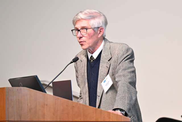 Dr. Jonathan Tobis speaks from a podium at the UCLA Women’s Cardiovascular Center’s "Let’s Talk" event. Dr. Tobis was the keynote speaker. 