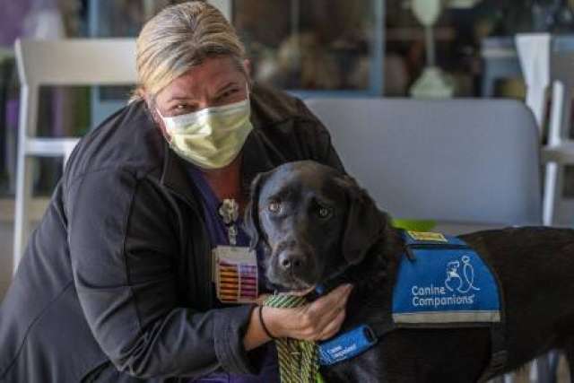 Adina Bodolay, a woman wearing a mask, kneels and holds a large black therapy dog named Isha, who wears a blue harness.
