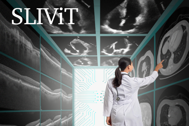 a femal medical professional in a lab coat inspecting and pointing to several x-rays