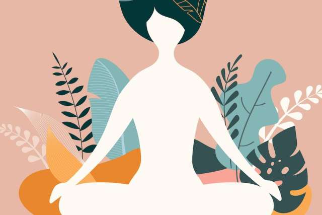 Minimalist illustration of a person in a seated meditation pose surrounded by abstract leaves and organic shapes.