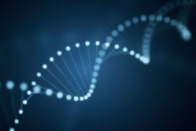3d illustration of rotating DNA glowing molecule on blue background