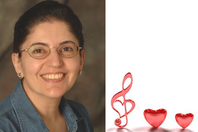 Dr. Marlin Touma’s smiling, wearing glasses, with a side image of two hearts and a music note. Her research aims to help tiny, newborn hearts with congenital defects.