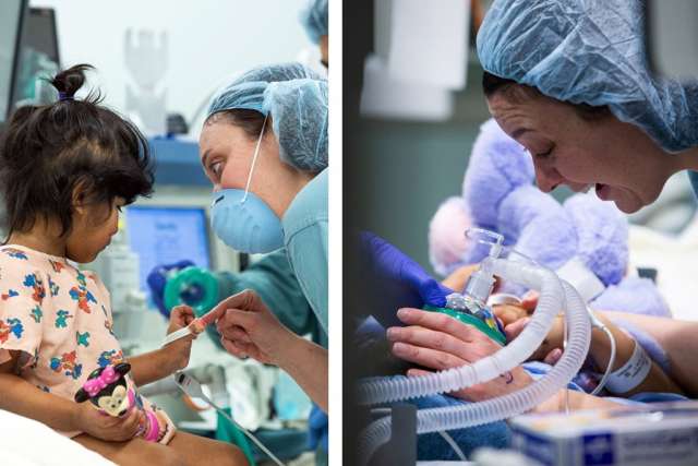 Side-by-side images of Karlene Wray assisting a young girl with an anesthesia mask