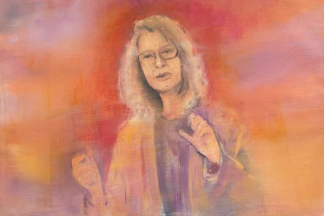 Oil painting of Elyn Saks with a red and orange background.