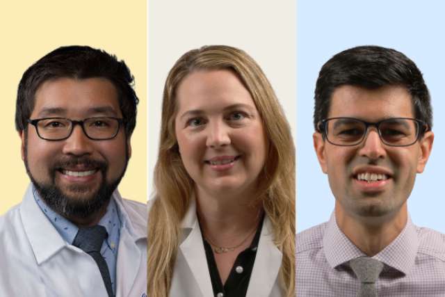 Three individuals in professional attire, set against pastel backgrounds.