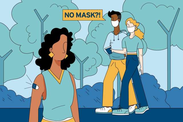 A woman looks surprised while two masked individuals walk behind her in a park.