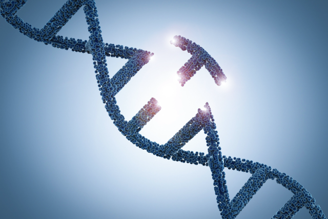 Broken DNA string with a light blue background and light shinning behind it.