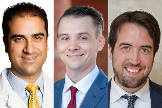 Three professional headshots: doctor in white coat, man in blue suit, man in gray suit.