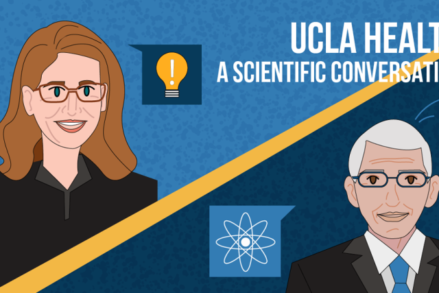 Illustration of a woman and a man, divided through the middle with a yellow line with the caption "UCLA Health: A scientific conversation."