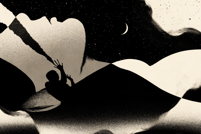 Black and white collage of a person sleeping, one waking up to a nightmare, and the night sky with the moon in the back.