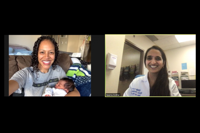Video call of Dr. Aparna Sridhar and a patient with her baby showing side by side.
