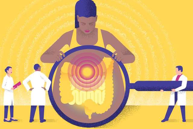 A cartoon graphic of doctors holding a magnifying glass over the intestines of a large female figure. Red pain rings are visible in the intestinal area.
