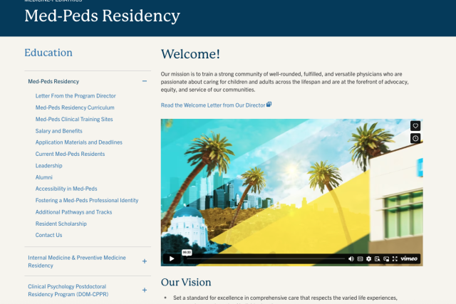 Colorful screenshot of Medi-Peds Residency program highlighting an image with palm trees and a modern building
