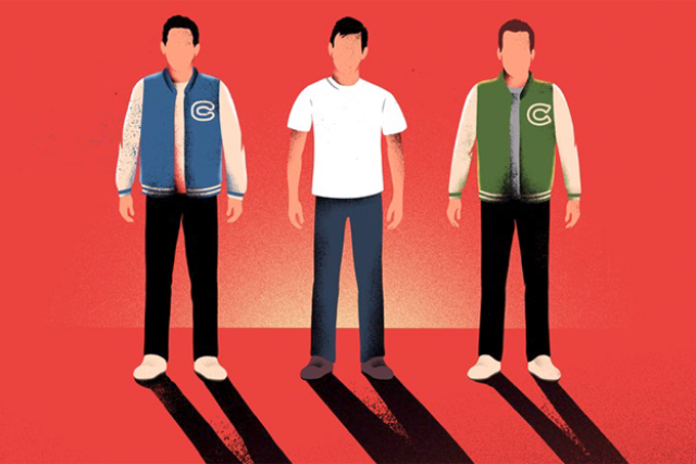 An illustration of three men one wearing a t-shirt and the other two a jacket. Part of the U Magazine spring 2023 edition titled The Deaths of Despair Narrative