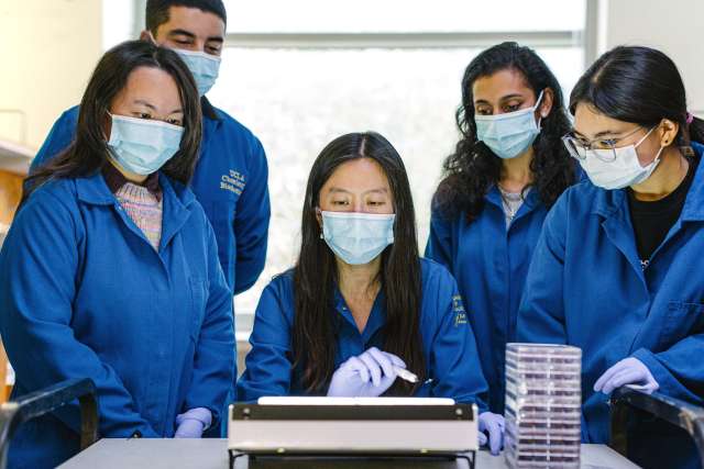 Dr. Melody Li, centered, gestures to a benchtop instrument while four masked researchers in blue lab coats watch closely. A stack of clear culture plates sits on the lab bench beside them.