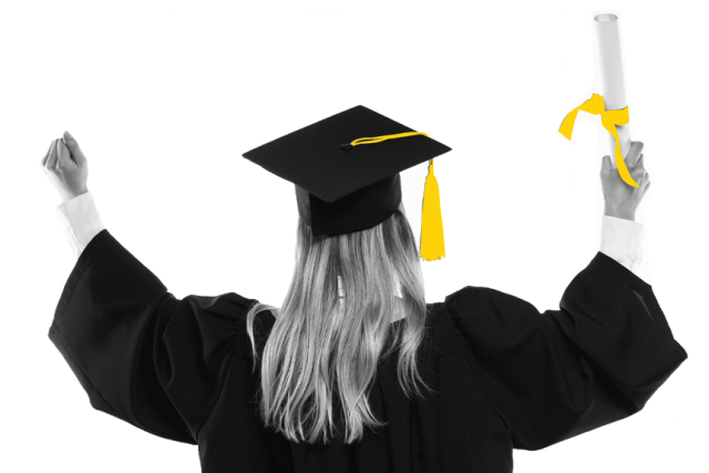 Girl in graduation clothing, holding a diploma in one hand with both of her arms raised.