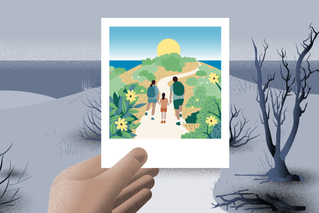 Illustration of nature before and after wildfires, showing a family hiking in a lush landscape and the same scene later, gray and burned