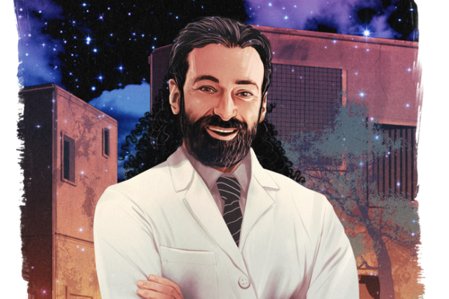 an illustration of DR. RAMIN SALEHI-RAD smiling and wearing a white coat with building in the background