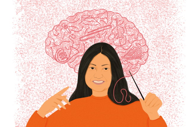 illustration of Dr. Lucina Uddin, with a large abstract drawing of a brain