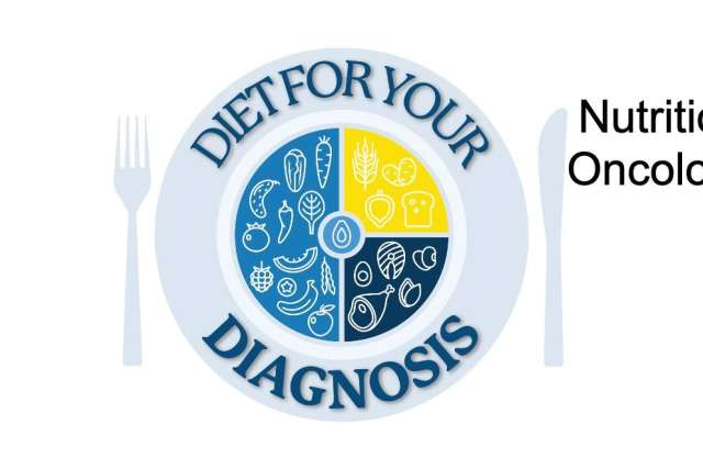 Logo for Nutrition Oncology features a plate, fork & knife. Plate is divided into quarters with symbols, and text reads "Diet for your Diagnosis."