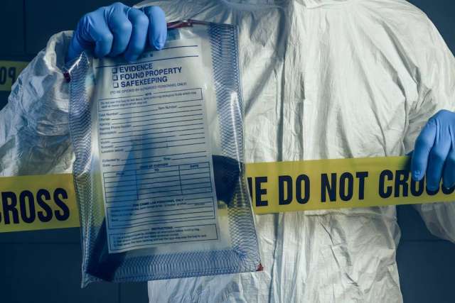Person in protective gear holding evidence bag