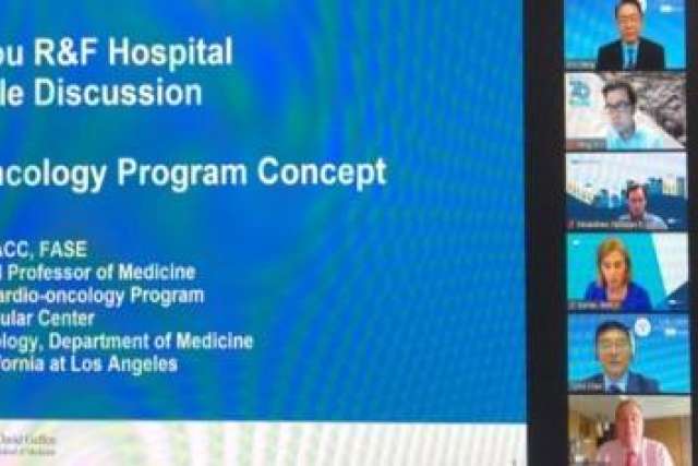 Virtual meeting screen showing a presentation slide titled 'Cardio-Oncology Program Concept' with participant thumbnails on the side.