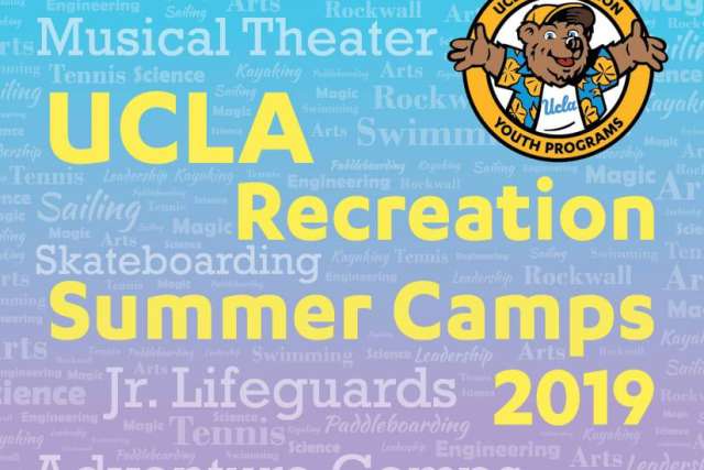 UCLA Recreation Summer Camps 2019 poster with camp activity names and a UCLA Youth Programs bear logo.