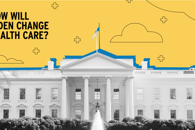 The White House is shown with a yellow graphic overlay that asks, "How will Biden change health care?"