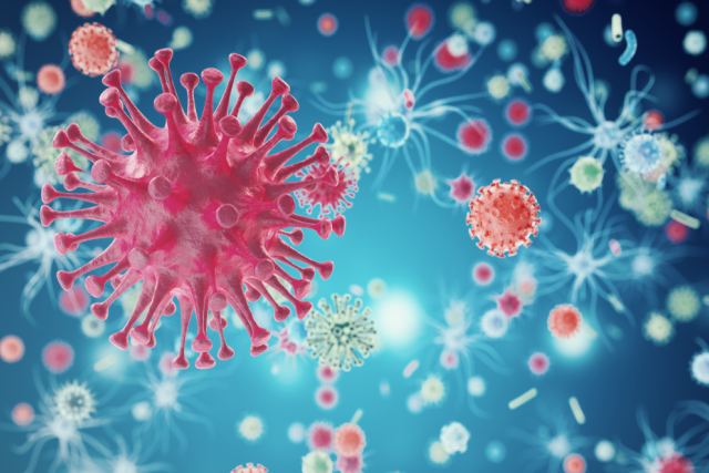 3D-rendered illustration of viruses and bacteria in blue and red hues, representing infectious diseases and microbiology.
