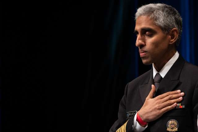 U.S. Surgeon General Vivek Murthy, MD, led the audience through a contemplative exercise during the WOW 2023 Mental Health Summit, May 4, 2023, at UCLA's Royce Hall. (Photo by Nick Carranza/UCLA Health)