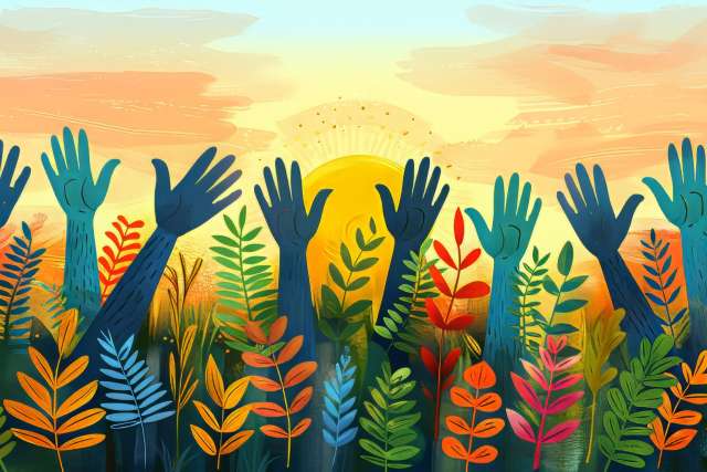 Raised hands reaching above colorful foliage against a warm sunrise sky.