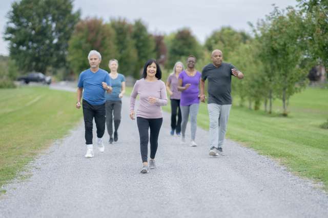 Men and women exercisers are walking quickly along a path.