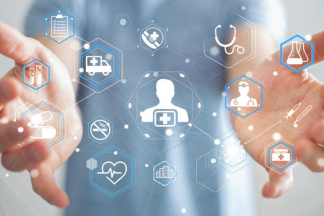 a man with his hands open manipulating 13 digital medical icons