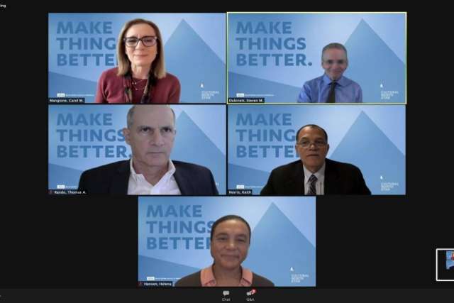 Virtual meeting screenshot with five participants and blue backgrounds displaying the text “MAKE THINGS BETTER.”
